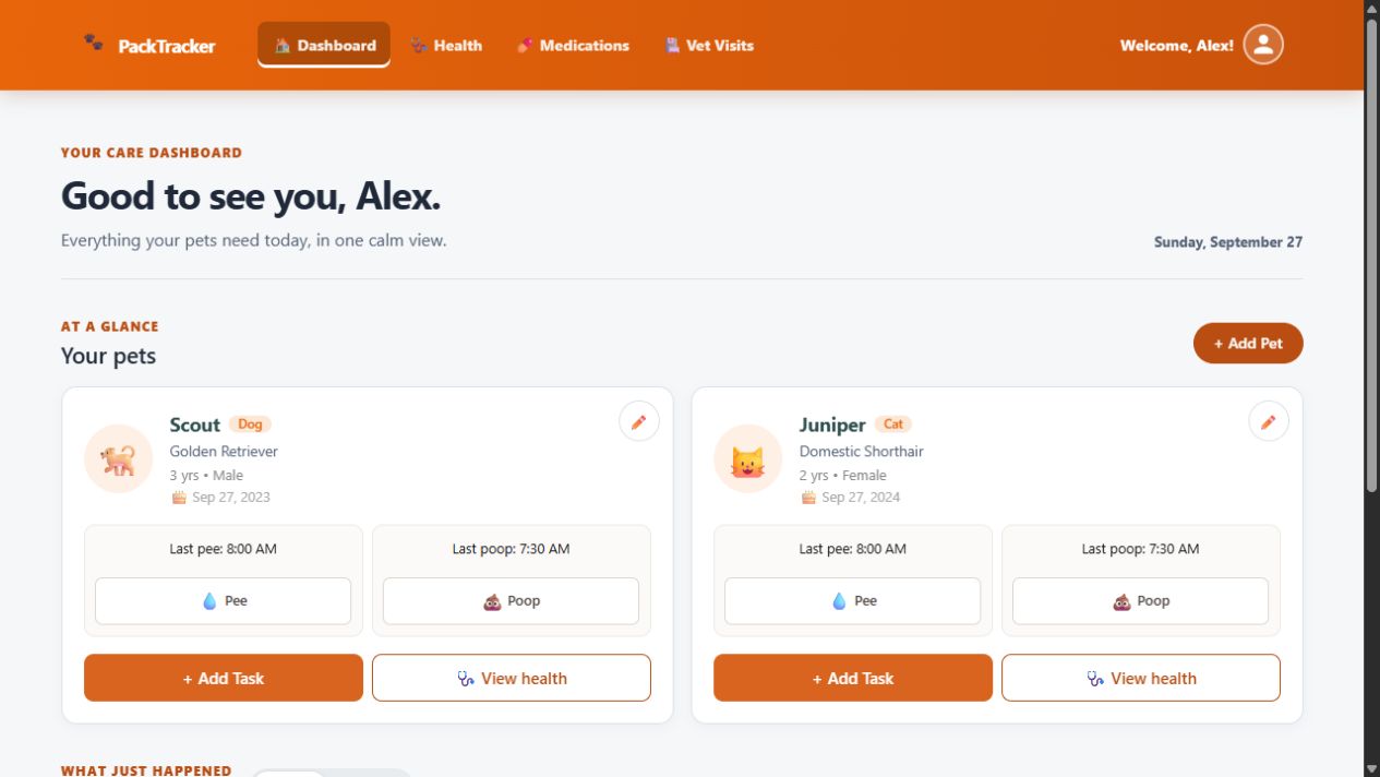 PackTracker dashboard showing Scout and Juniper, and quick potty logging.